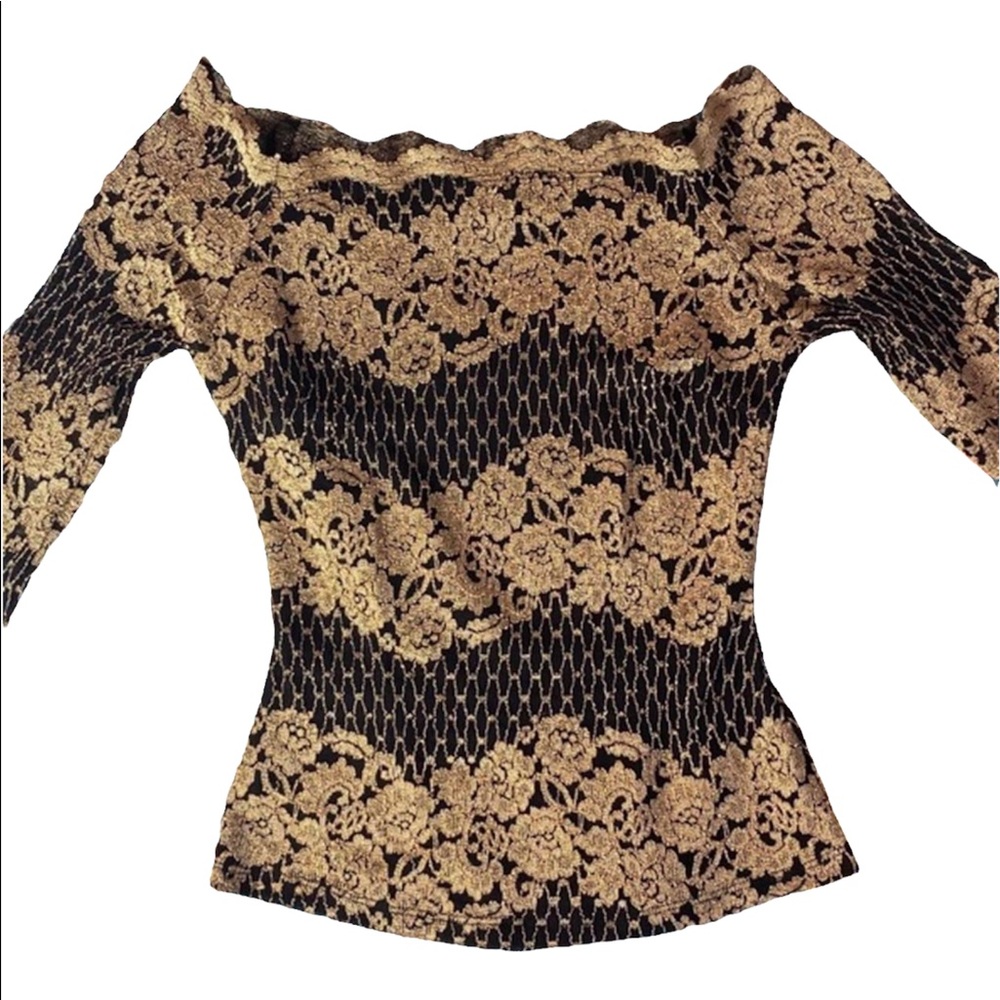Vintage Gold and Black Off the Shoulder Lace Top